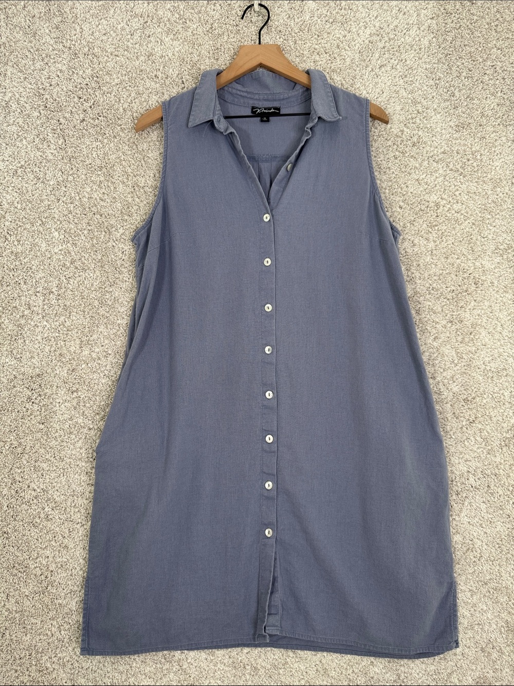 Prelude Linen Blend Sleeveless Button Down Shirt Dress With Pockets Blue XL